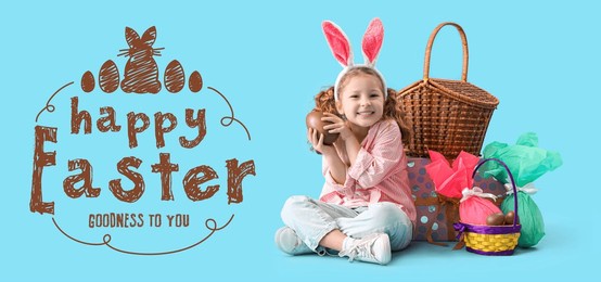 greeting easter banner with cute little girl on light blue background