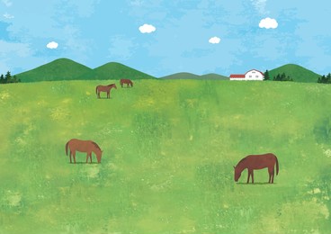 grass pasture, mountains and horses landscape 3