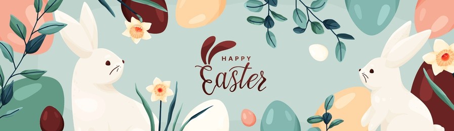 happy easter vector banner background. greeting card with easter eggs, bunny, spring flowers daffodil, leaves in modern cartoon style. lettering text sign with bunny ears. cute creative concept.