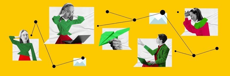 chaotic information flow. collage of users struggling to keep up with digital messages, representing overwhelming and nonlinear nature of online conversations. collage made with two models