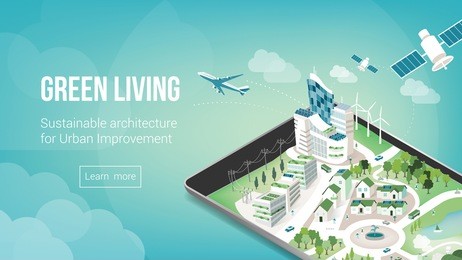 green city and sustainable architecture banner with 3d metropolis on a touch screen tablet or smart phone