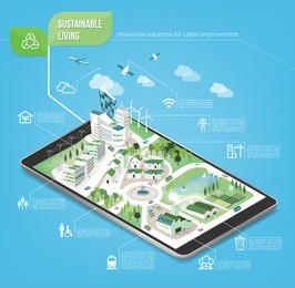 sustainable city on a digital touch screen tablet with icons set on architecture and environmental care