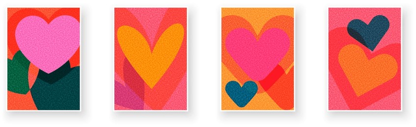 overlapping vibrant heart shapes in bold colors create a playful and romantic vector illustration for designs.