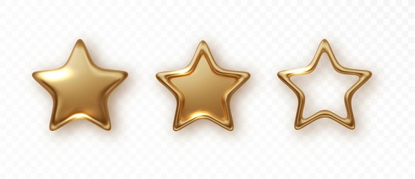 3d golden star set. christmas stars of various shapes. realistic metallic gold element isolated. vector trophy star, five gold metallic stars isolated