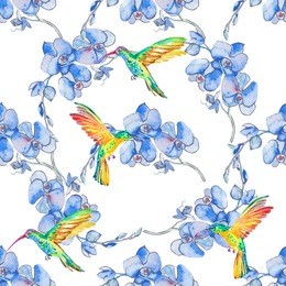 watercolor hummingbirds seamless pattern. orchids. seamless pattern of tropical flowers.