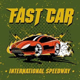 fast international speedway sport car cartoon styled,  t-shirt graphics 