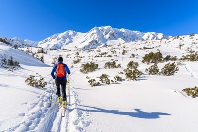 unidentified ski tourer on winter trail in rohace valley, tatra mountains, slovakia