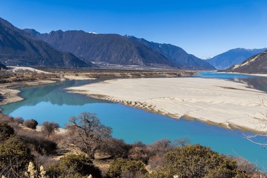 view of the yarlung zangbo river grand canyon and mount namjagbarwa in nyingchi, tibet, china