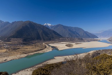 view of the yarlung zangbo river grand canyon and mount namjagbarwa in nyingchi, tibet, china