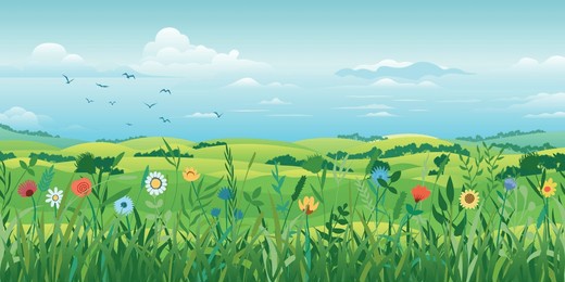spring landscape, blooming meadow and green hills, blue sky and flock of birds, vector illustration