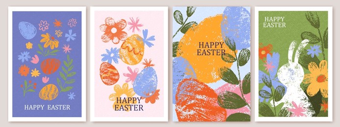 easter design. hand drawn cute bunnies, eggs, flowers. colorful vector spring illustrations. holiday cards, banners, covers.