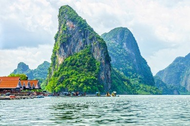 view of phang nga bay and the passenger speedboats for tourist in southern thailand