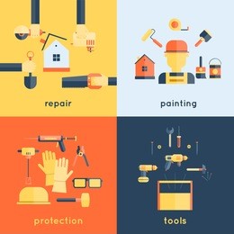 home repair painting brush construction tools measuring tape flat icons composition design vector illustration
