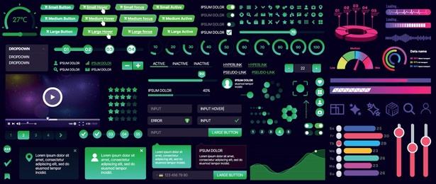 a set of ui components for mobile apps and websites. includes buttons, panels, menus, sliders, and charts. modern design for easy interaction, data management, and automation.