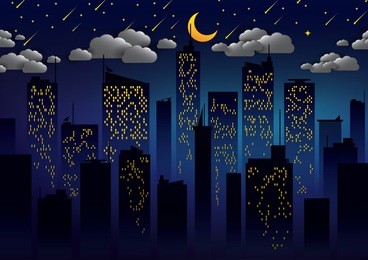silhouette of the city and night with stars and moon at the sky.