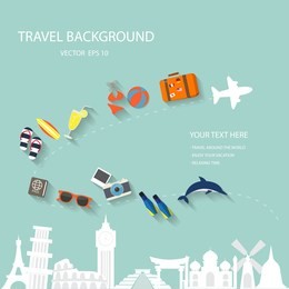 travel around the world background with summer and vacation elements, isolate sign of world traveling place, your text can be adjust easily