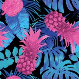 tropic nature fruit floral seamless pattern. summer exotic background with leaf banana palm, flowers and pineapple. jungle vector wallpaper trendy blue pink style.