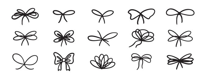 crayon bow gift ribbons. bowknot for planner diary, package or letter. bow line stroke clipart grunge style. vector chalk bows element set. vector illustration