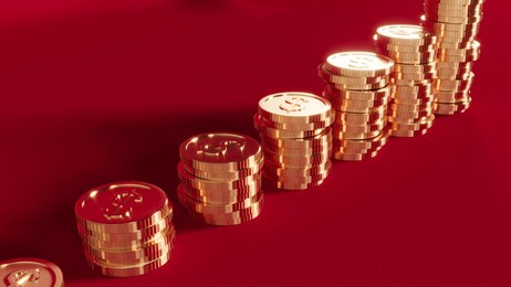 gold coins cash grow graph on red bg 3d render