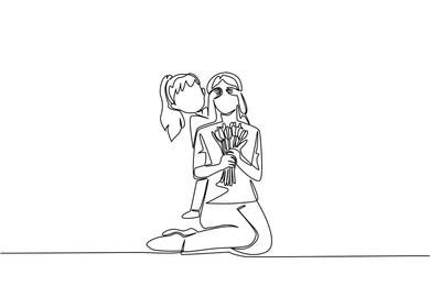 single continuous line drawing a girl covers eyes of mother with both hands from behind. give beautiful flowers to the most beautiful mother. love. day of mother. one line design vector illustration