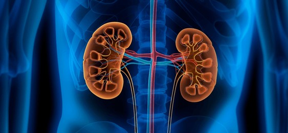 3d illustration of human kidneys with cross-section