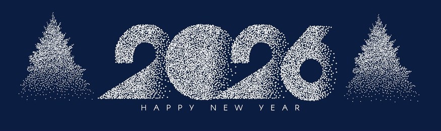 2026 happy new year text with fir trees and snow. holiday celebration banner.