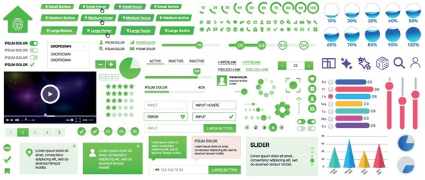 set of ui ux elements for websites and mobile applications: buttons, forms, menus, panels, icons, login, payment, rating. modern design for convenient interaction and business planning