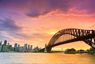 sydney harbour panorama viewed from kirribilli in north sydney at dusk