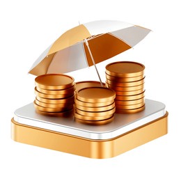 3d financial security concept umbrela featuring gold coin stacks under a protective umbrella, symbolizing wealth protection, insurance, and financial stability.