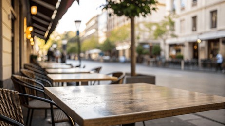 outdoor cafe setting, empty wooden tables, urban street view, soft focus background, inviting atmosphere.