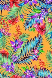 seamless colorful tropical pattern. exotic flowers: hibiscus, heliconia, orchid, adenium, lily and tropical palm leaves in a beautiful allover design for fashion.  