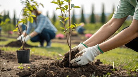 tree planting activity, gardening hands, nurturing nature, environmental conservation, outdoor teamwork, sustainable practices, community involvement.