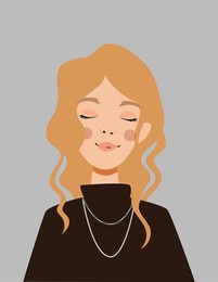 portrait of young woman with wavy blonde hair, closed eyes, gentle smile. she wears black turtleneck with layered silver necklaces. minimalist style. concept of serenity, elegance. vector illustration
