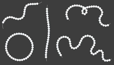 various arrangements of pearl necklaces. set of white pearl beads on different shape strings. mother-of-pearl necklace collection on black velvet background.