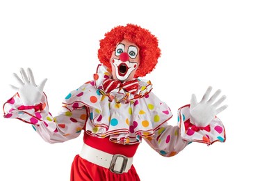 surprised clown. entertainer joker in colorful suit and wig. buffoon with clown whiteface makeup. trickster, jester, pantomime, mime. professional actor at event