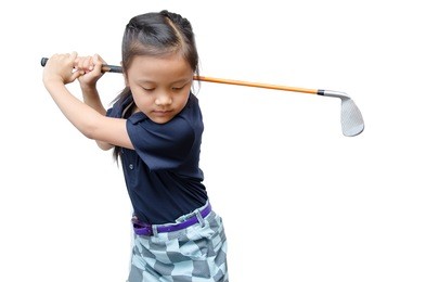 little asian girl training in golf sport girl isolate on white