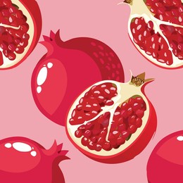 a whole pomegranate surrounded by vibrant slices, showcasing its juicy, ruby-red seeds