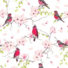 red bullfinches on the magnolia tree vector seamless print