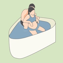 pregnant woman having natural birth with husband in a tub of water.  