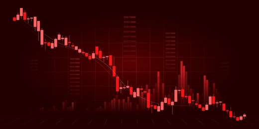 stock exchange market trading down graph with red candlestick patterns volume loss investment and financial trends ideal for trade analysis economic forecast and crisis market dashboard visualization