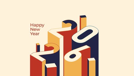 happy new year 2026 3d isometric style with retro colour, celebration, greeting card, invitation, calendar concept. design template post new year 2026