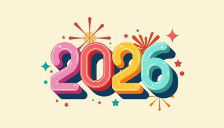 happy new year 2026 3d doodle cheerful colour with fireworks, celebration, greeting card, invitation, calendar concept. design template post new year 2026.