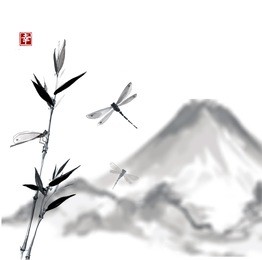 bamboo branch, dragonflies and mountains. hand-drawn with ink in traditional japanese style sumi-e. sealed with hieroglyph "happiness". raster version