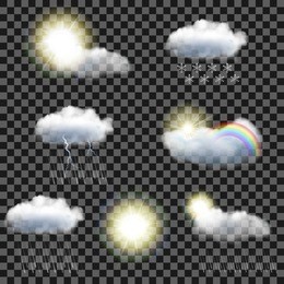 set of seven realistic transparent weather icons