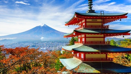 mt. fuji with chureito pagoda in autumn, fujiyoshida, japan