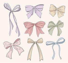 set of various bows, gift ribbons. bowknots hand drawn . fashionable vector illustration. hair accessories. bow knots for gift wrapping. gift bows, magic bow illustration. celebration, party