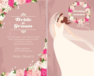 illustration of wedding invitation with bride and roses