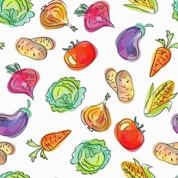 vector seamless pattern, doodle design. colorful illustration, cute background. endless vegetable background. hand drawn food design.