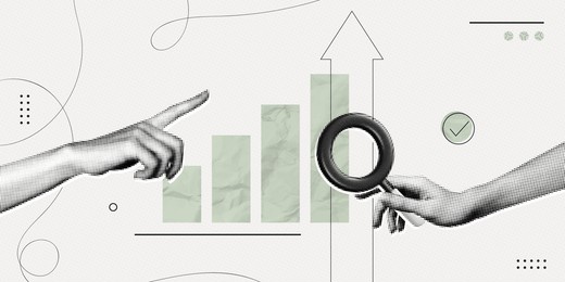 trendy halftone collage hand holding magnifying glass with up chart. stock market statistics chart. finance business data graph. trending upwards. contemporary vector illustration art