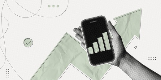 trendy halftone collage hand holds phone with stock market statistics chart and up arrow. finance business data graph. trending upwards. businessman show profits. contemporary vector illustration art